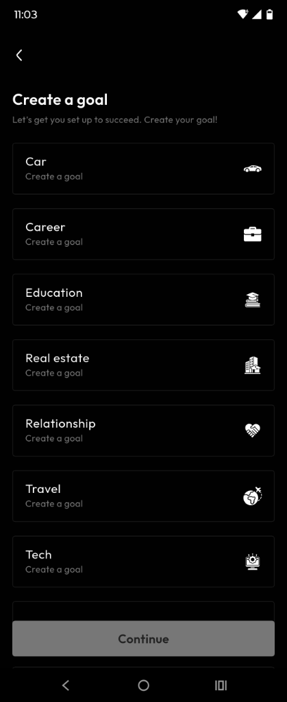 GOALS categories screen